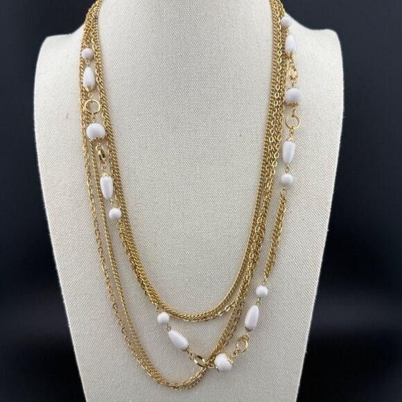 Japan Jewelry - Vintage Gold-Tone Multistrand Necklace With White‎ Plastic Beads Made In Japan
